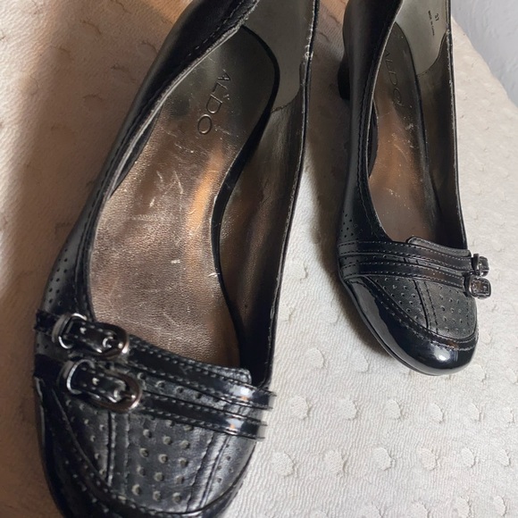 Aldo Women Ballet Flat Pumps Black Leather Perforated Buckle Slip On Low Heel - Picture 15 of 16